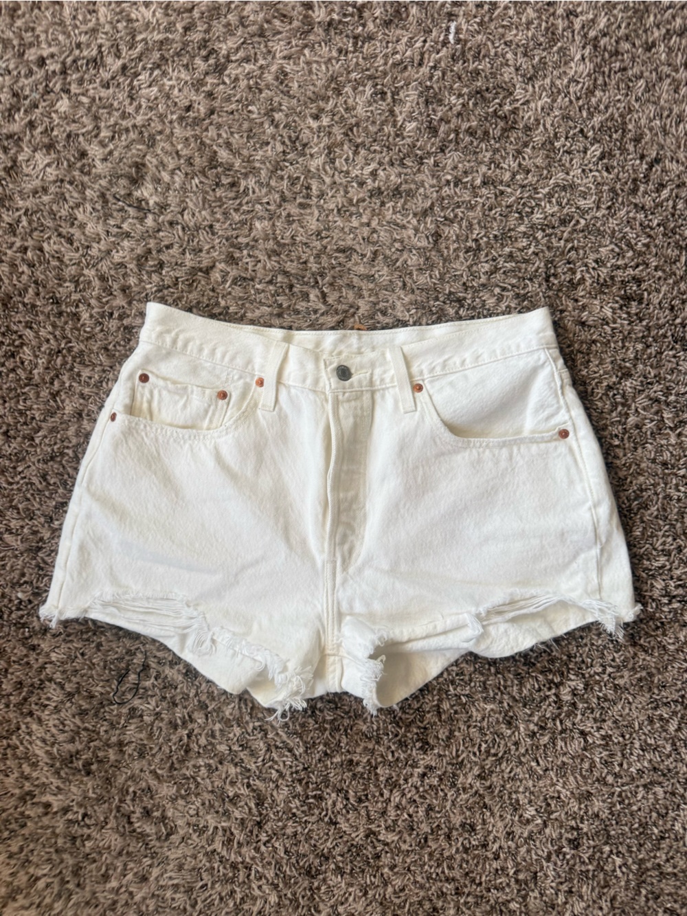 Levi's White Denim Cutoff Shorts with Frayed Hem